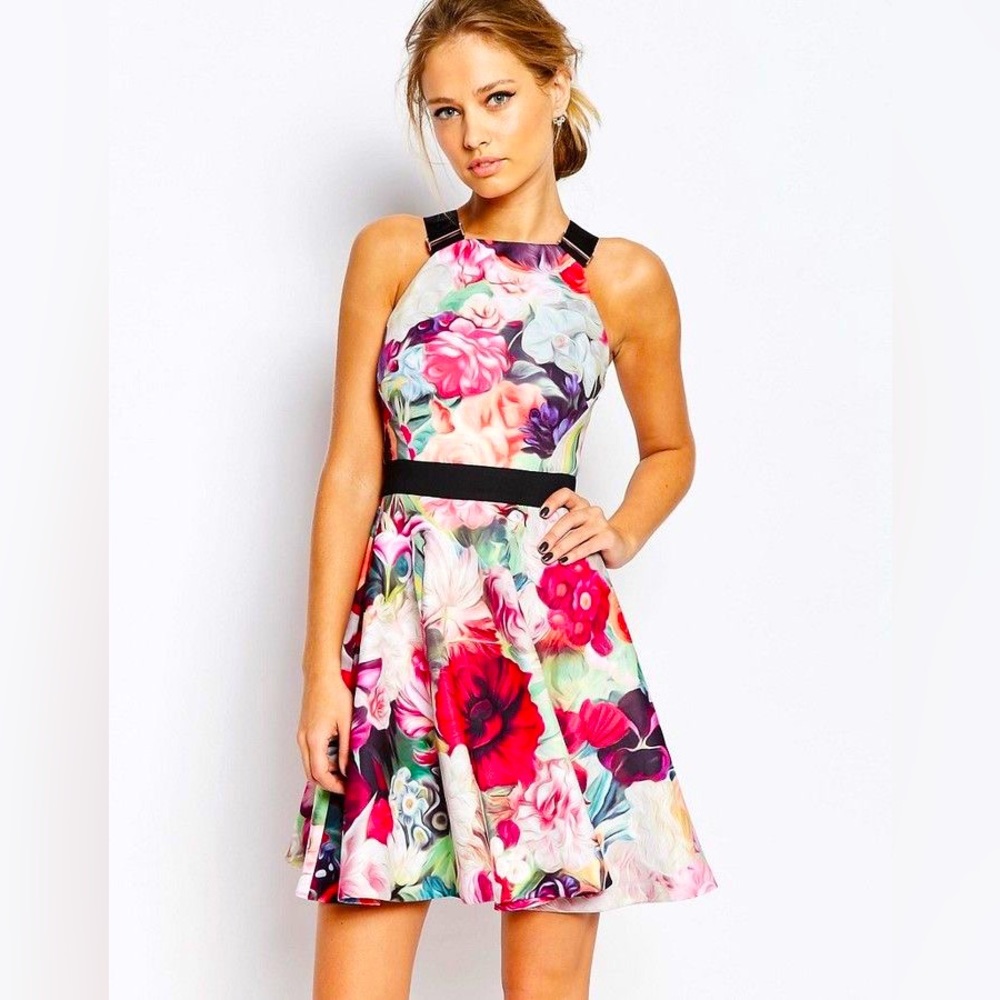 📺 Ted Baker Floral Samara Fuchsia Skater Dress w/ Buckle Straps
